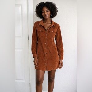 GAP Long-Sleeve Corduroy Shirt Dress in Rust Brown